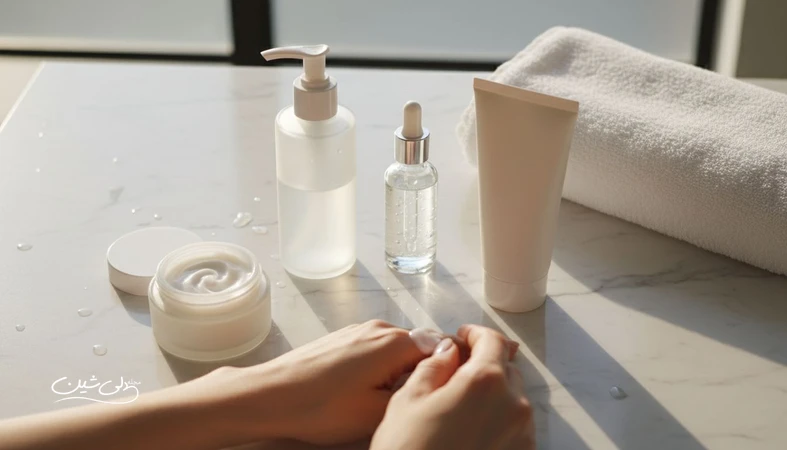 ترتیب مراحل روتین مراقبت پوست صبح و شب با محصولات پایه مثل شوینده، سرم، مرطوب کننده و ضدآفتاب