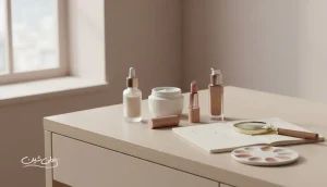 میز آرایش مینیمال با محصولات بدون برند و دفترچه بررسی برای تحلیل دلایل ماندگاری برندهای محبوب و پرفروش زیبایی