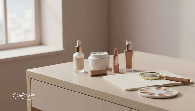میز آرایش مینیمال با محصولات بدون برند و دفترچه بررسی برای تحلیل دلایل ماندگاری برندهای محبوب و پرفروش زیبایی