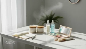 میز آرایش روشن با محصولات آرایشی و مراقبت پوست بدون لوگو برای مقایسه برندهای آرایشی و بهداشتی بر اساس عملکرد، ترکیبات و قیمت