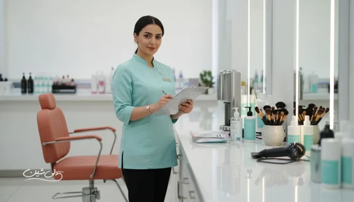 مدیر سالن در حال بررسی چک لیست خرید تجهیزات سالن زیبایی کنار ابزارهای ضروری و ایستگاه ضدعفونی