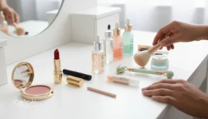 مقایسه تغییر معیارهای زیبایی از گذشته تا امروز با ابزارهای آرایش و روتین پوست روی میز آرایش در نور روشن و سبک مجله‌ای