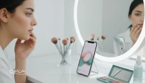 تاثیر سلبریتی ها و اینفلوئنسرها بر استانداردهای زیبایی؛ تصویر مفهومی از مقایسه در آینه و شبکه های اجتماعی با ابزار آرایش