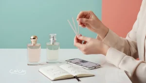 تصویر مفهومی از تست عطر سلبریتی با بلاتر و روی پوست برای تصمیم گیری آگاهانه و دوری از خرید بر پایه شهرت