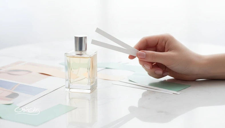 مقایسه و ارزیابی کیفیت عطرهای سلبریتی با تست نوار بلاتر و بطری عطر بدون برند روی میز آرایش