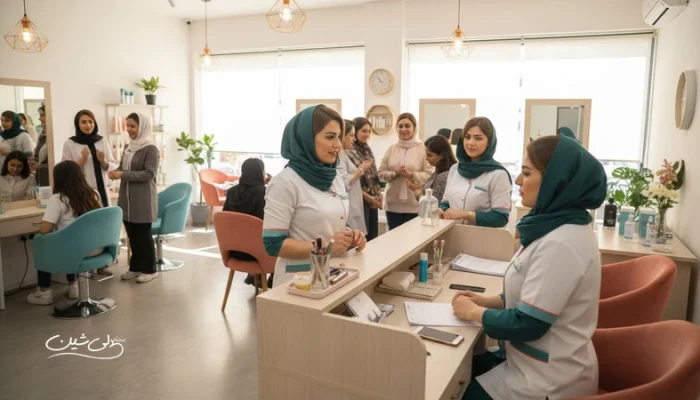 نمایی روشن از سالن زیبایی شلوغ و منظم با پذیرش حرفه ای، مرتبط با جذب و نگهداشت مشتری در سالن زیبایی
