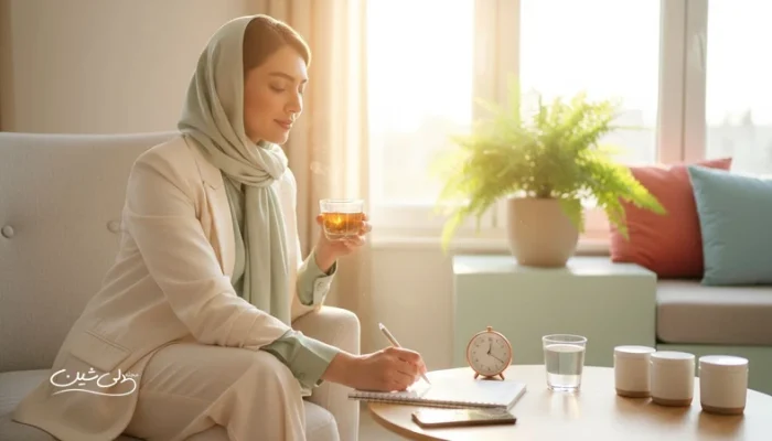 تصویر مفهومی از خودمراقبتی روزانه با تمرکز بر نظم خواب، کاهش استرس و مرزبندی با گوشی برای حال بهتر و چهره سالم تر