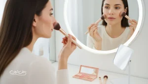 آرایش متناسب با فرم صورت با نمایش کانتور و هایلایت طبیعی روی چهره و ابزار آرایشی در فضای روشن و حرفه ای