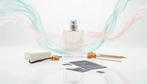 تصویر مفهومی از ترندهای عطر و تغییرات بازار رایحه با بطری عطر بدون برند و عناصر رایحه‌ای مثل صابون، وانیل و چوب در نور روشن