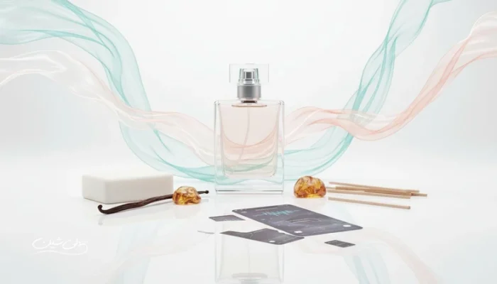 تصویر مفهومی از ترندهای عطر و تغییرات بازار رایحه با بطری عطر بدون برند و عناصر رایحه‌ای مثل صابون، وانیل و چوب در نور روشن
