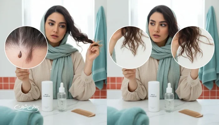 تصویر مفهومی از بررسی نشانه های مشکلات مو؛ تمرکز روی پوست سر و ساقه برای تشخیص چربی، شوره، خشکی و موخوره