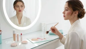 میز آرایش حرفه‌ای با محصولات بدون لوگو و اجرای زیرسازی؛ تصویر مرتبط با بررسی لوازم آرایشی مک و معیارهای انتخاب برای آرایش حرفه‌ای