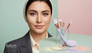 نمای نزدیک از چهره با مقایسه آرایش طبیعی و آرایش سنگین برای نشان دادن اشتباهات آرایشی که صورت را خسته و سن را بیشتر نشان می دهد