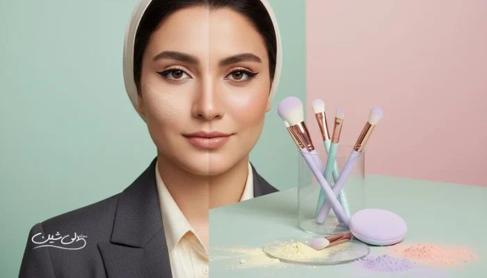 نمای نزدیک از چهره با مقایسه آرایش طبیعی و آرایش سنگین برای نشان دادن اشتباهات آرایشی که صورت را خسته و سن را بیشتر نشان می دهد