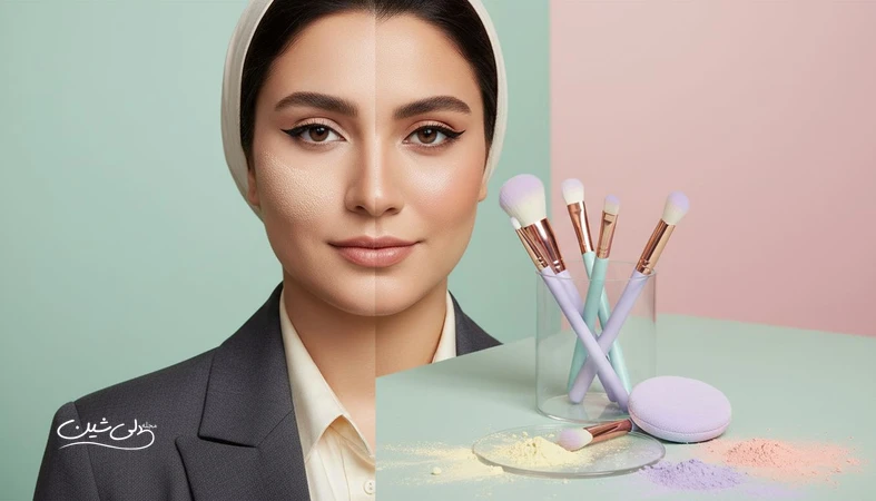 نمای نزدیک از چهره با مقایسه آرایش طبیعی و آرایش سنگین برای نشان دادن اشتباهات آرایشی که صورت را خسته و سن را بیشتر نشان می دهد