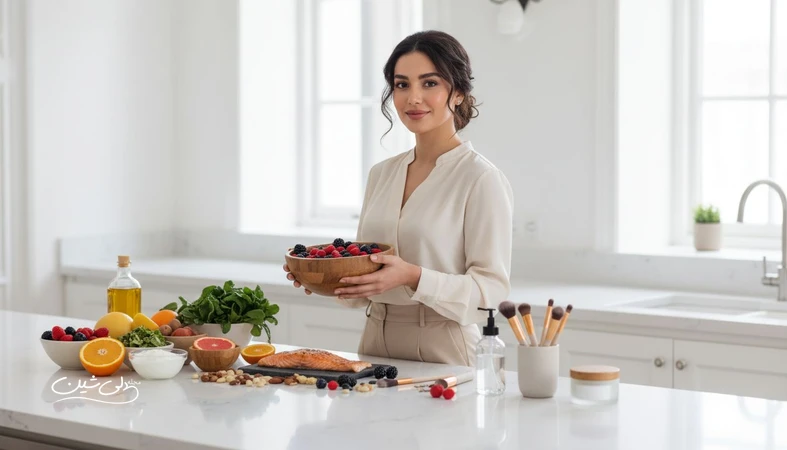 تغذیه و زیبایی پوست و مو؛ چیدمان خوراکی های مفید مثل میوه، سبزیجات و ماهی در کنار ابزار مراقبت و آرایش با نور روشن مجله ای