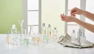 تصویر مفهومی از ترندهای صنعت عطر شامل بطری‌های بدون برند، نوار بلاتر، مواد فرمولاسیون و بسته‌بندی پایدار در فضای روشن و حرفه‌ای