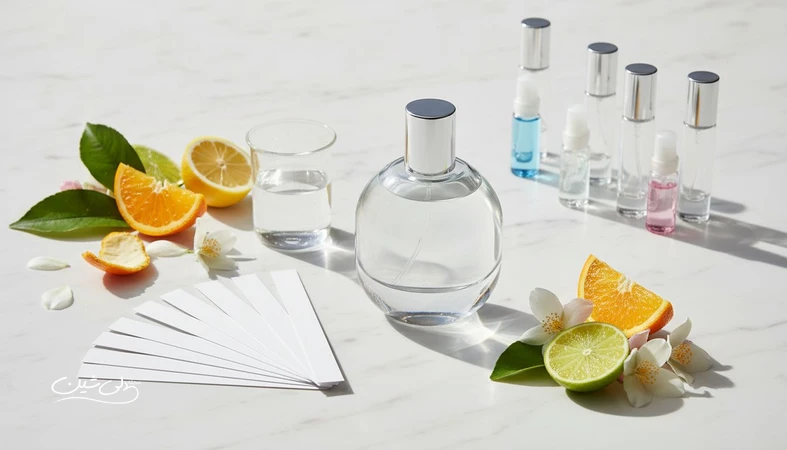 تصویر مفهومی از ترندهای صنعت عطر و نوآوری های فرمولاسیون با بطری شیشه ای بدون برند و نوار تست رایحه