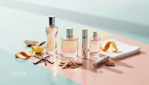 تصویر مفهومی از روندهای بازار عطر با بطری های بدون برند، فرمت های قابل شارژ و رایحه های وانیلی، چوبی و مرکباتی در سبک مجله ای روشن
