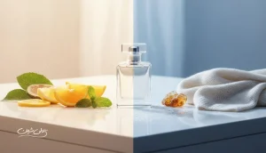 تصویر مفهومی از انتخاب عطر بر اساس آب‌وهوا با نمایش تضاد تابستان گرم و زمستان سرد و تاثیر دما و رطوبت بر پخش بو و ماندگاری رایحه