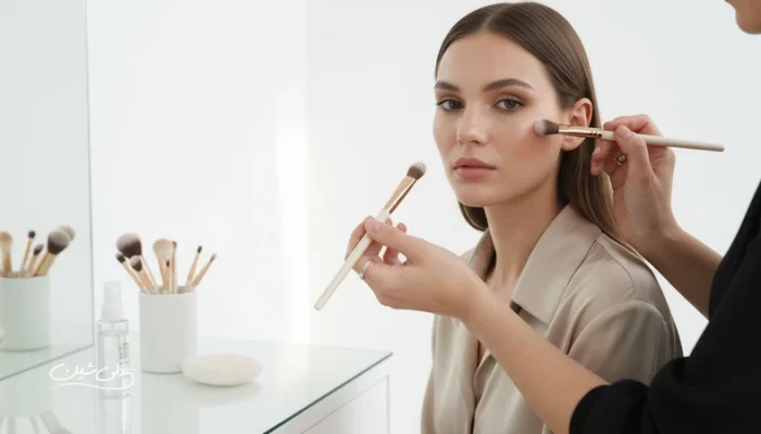 میکاپ آرتیست حرفه ای در حال اجرای آرایش با براش های تمیز و تکنیک های فیکس برای نتیجه بی نقص و ماندگار
