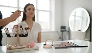 میکاپ آرتیست حرفه ای در حال اجرای زیرسازی و کار با براش ها؛ تصویر آموزشی درباره مهارت های کلیدی میکاپ آرتیست