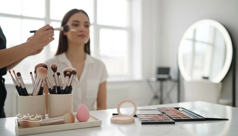 میکاپ آرتیست حرفه ای در حال اجرای زیرسازی و کار با براش ها؛ تصویر آموزشی درباره مهارت های کلیدی میکاپ آرتیست