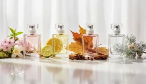 راهنمای انتخاب عطر مناسب هر فصل با نمایش چهار شیشه عطر بدون برند و عناصر بهار، تابستان، پاییز و زمستان برای هماهنگی رایحه با دما و سبک زندگی