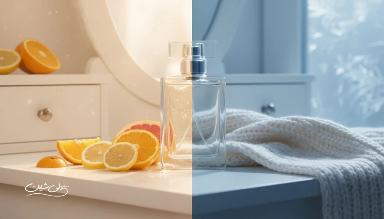 تصویر مفهومی از عطر فصلی با نمایش تاثیر گرما، سرما و رطوبت بر پخش بو و حس رایحه