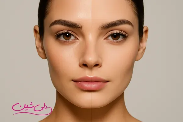 نیمرخ صورت یک زن با مقایسه آرایش مات در یک سمت و آرایش براق در سمت دیگر