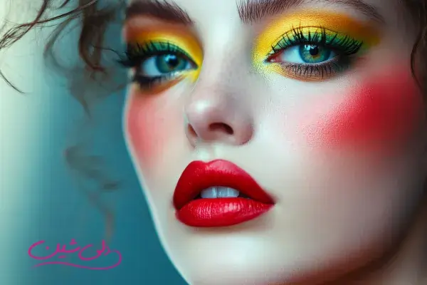 مدل آرایش ترندی با سایه چشم زرد و سبز، رژ لب قرمز و گونه‌های برجسته