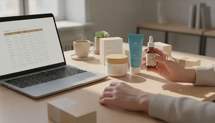دست فردی که یک سرم پوستی قطره‌ای را کنار لپ‌تاپ و چند محصول مراقبت پوست روی میز کار روشن در حال بررسی نگه داشته است